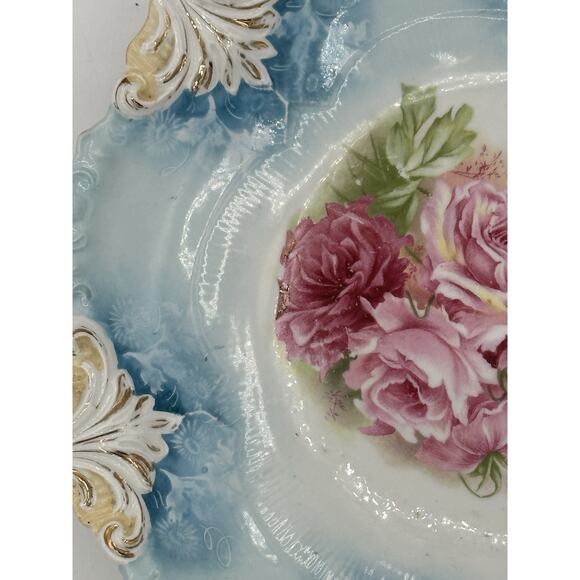 RS Prussia Antique Blue Cake Plate Pink Roses 1910 - Picture 3 of 8